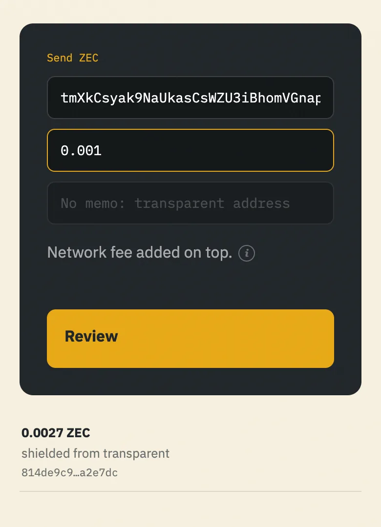 Nap's send form with a transparent address and no memo field